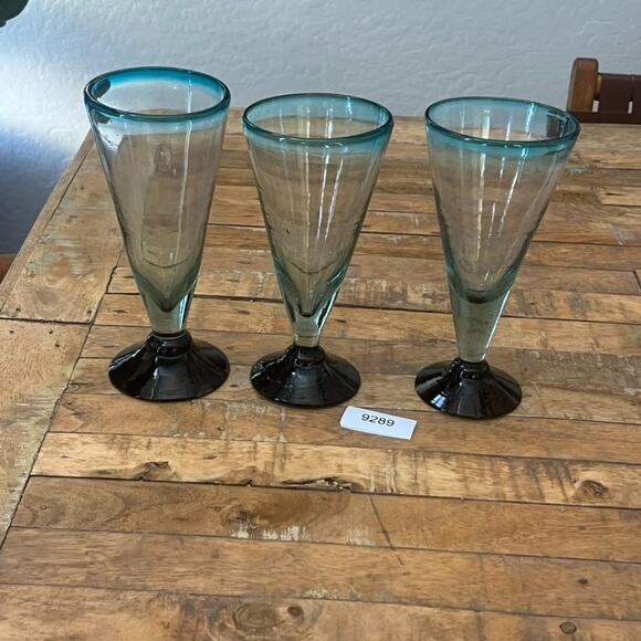 Blue & Green Goblet Wine Glasses Set of 3 Handblown Bubbles Mexico - Picture 14 of 15